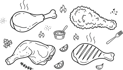 Fried chicken icon set with roasted leg drumstick grilled meat and dipping sauce © PJ DeSign