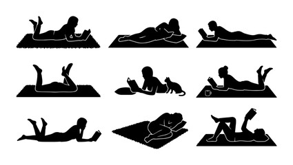 Obraz premium Diverse Silhouettes of People Reading Books on Mats, Vector Icons Set, Relaxed Poses, Casual Leisure Lifestyle