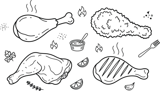 Fried chicken icon set with roasted leg drumstick grilled meat and dipping sauce
