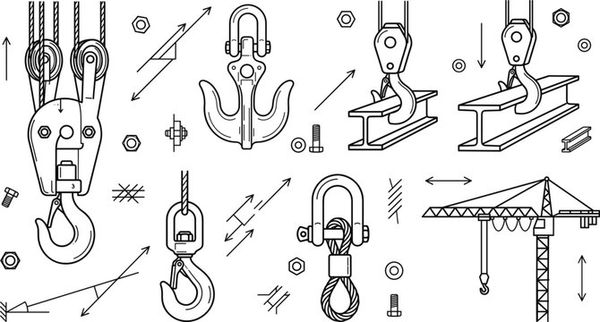 Industrial crane hook line icon set featuring lifting rigging pulleys shackle heavy tower construction crane and steel beam