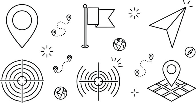 Map pin location navigation icon set vector illustration line art doodle with target flag pointer route globe compass