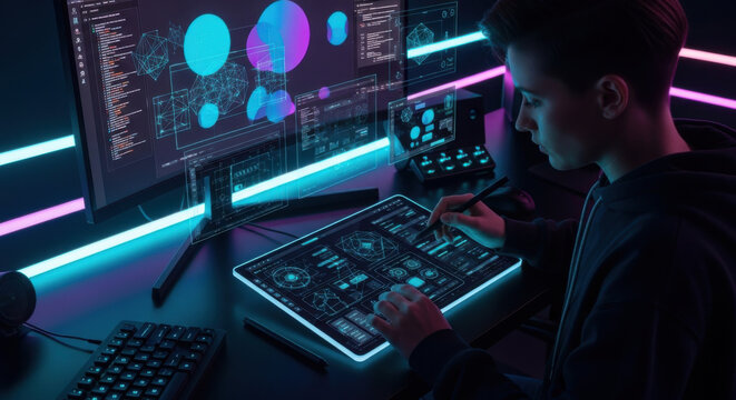 Futuristic Digital Coder Young Programmer Working On Advanced Technology Display