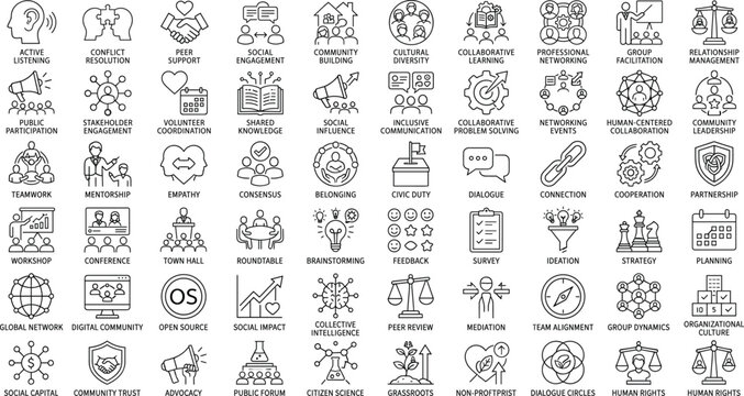 Comprehensive social interaction and community collaboration line icons set illustrating teamwork, communication, leadership, and organizational engagement