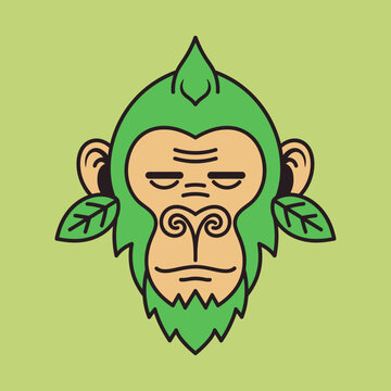 Green monkey face with leaf ears creative logo design.