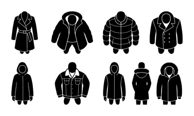 Winter Coats Collection, Top View Icons: Puffer, Parka, Trench, Bomber Jackets, Apparel Vector Set for Fashion and Retail Design © Afifa