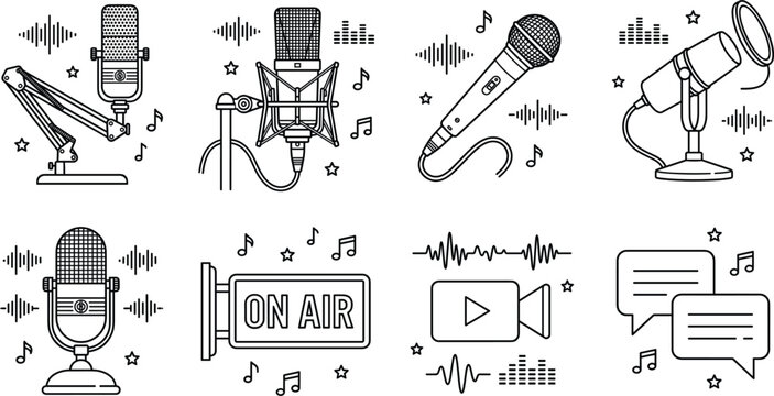 Microphone podcast studio broadcast on air audio recording sound wave media interview radio thin line vector icons