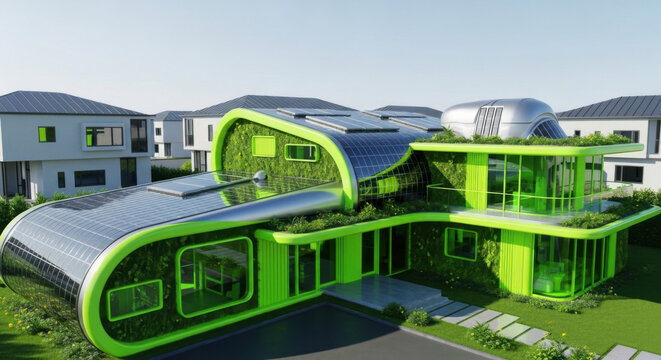 Futuristic Eco Friendly Green Energy House With Solar Panels