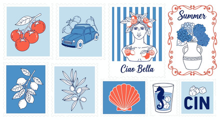 Vintage and modern postage stamps collection set featuring colorful illustrations, canceled postmarks, and serrated edges on a white background, ideal for philately and mailing themes. © alana