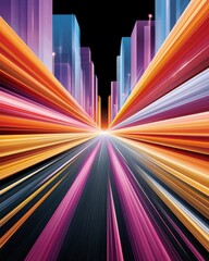Fototapeta premium Vibrant abstract city speed perspective with neon light trails and futuristic motion blur