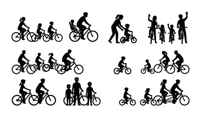 Obraz premium Family Cycling Silhouettes, Diverse Groups on Bicycles, Outdoor Activity Vector Icons, Active Lifestyle Collection, Children and Adults Riding