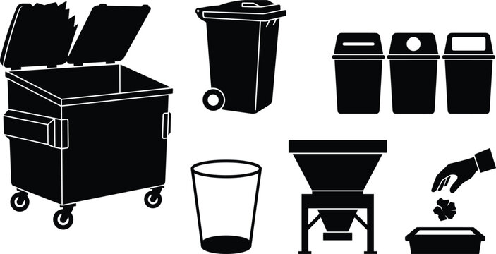 Garbage Dumpster Waste Recycle Bin And Litter Disposal Silhouette Vector Icon Set For Sanitation