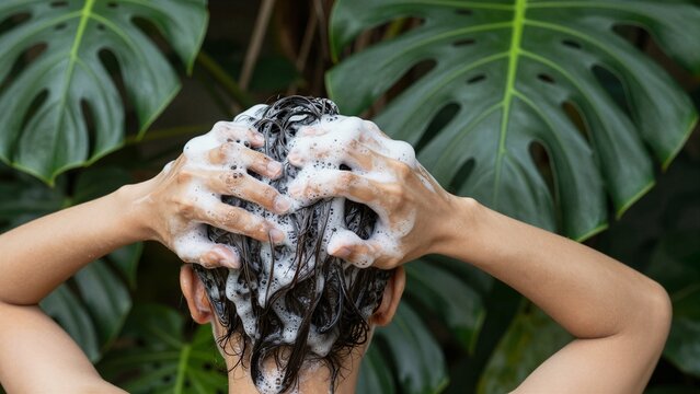 A person massages foamy shampoo into their hair, surrounded by lush green tropical leaves in a serene natural setting.
