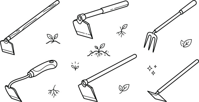 Gardening Hoe and Hand Rake Cultivator Icon Set for Agriculture Soil Management Designs
