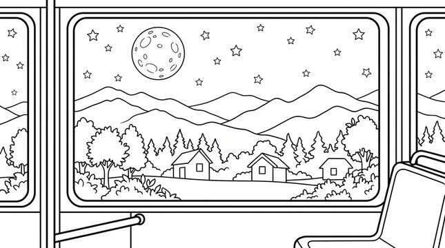 Bus Window Night Countryside Coloring Page, Moonlit Cabins