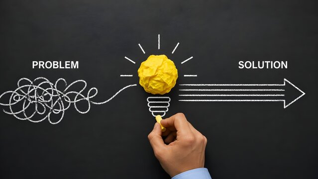Crumpled paper lightbulb on chalkboard transforming tangled problem into straight solution arrow representing creative thinking and innovation