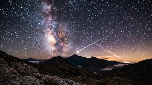 Meteor shower over mountain range under milky way galaxy night sky, celestial shooting star streak across cosmic space background