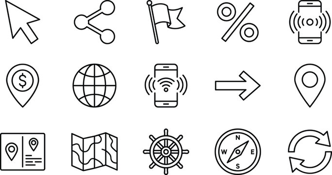 Navigation and digital commerce line icon set featuring maps compass locations smartphone wireless connections steering wheels and arrows