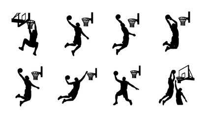 Basketball Dunk Silhouettes, Dynamic Action Poses, Sports Vector Icons, Athletic Player Movement Graphics, Slam Dunk Collection © Sagor