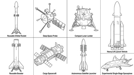 Hand Drawn Spacecraft Collection with Rockets Satellites Lunar Lander and Spaceplane Vector Illustration © MstRezwanaAkter
