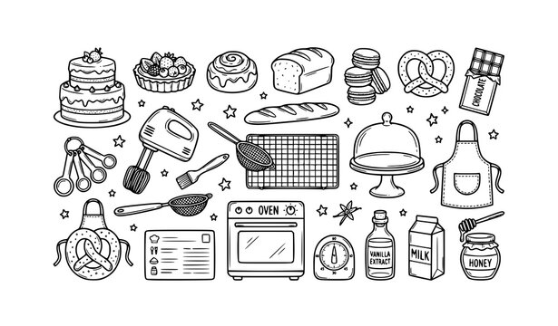 Cute Bakery and Kitchen Doodle Icons with Cakes Bread Pastries and Baking Equipment Vector Collection