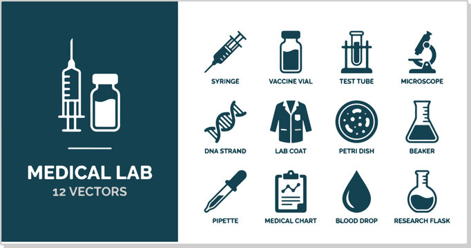 Set of medical laboratory vector icons for scientific research, healthcare diagnostics, and clinical analysis