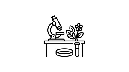 Obraz premium Industrial Style Black and White Line Drawing of Microscope Plant Test Tube and Petri Dish on Lab Table