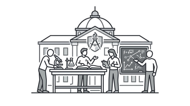 Industrial Style of Academic Research and Teaching in a University Setting with high quality professional line art symbols for modern creative design and digital branding projects
