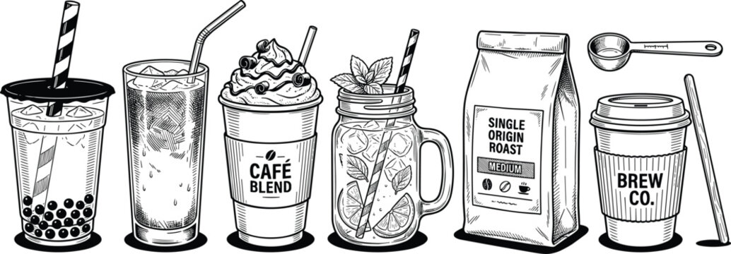 Hand Drawn Coffee and Cafe Beverage Vector Element Set with Bubble Tea, Iced Latte, Frappe, Mojito, Beans Bag, and Takeaway Paper Cup