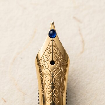 Close up macro shot of an ornate gold fountain pen nib with a blue gemstone on textured paper