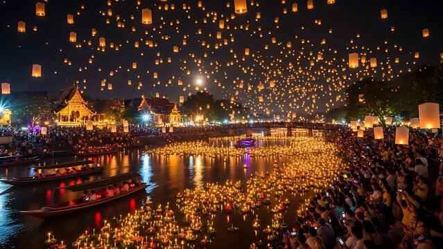 Thousands of lanterns light up the night sky during a festival.
