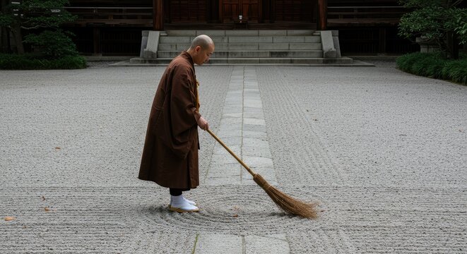 A monk sweeping sand in a serene temple garden.  Peaceful scene