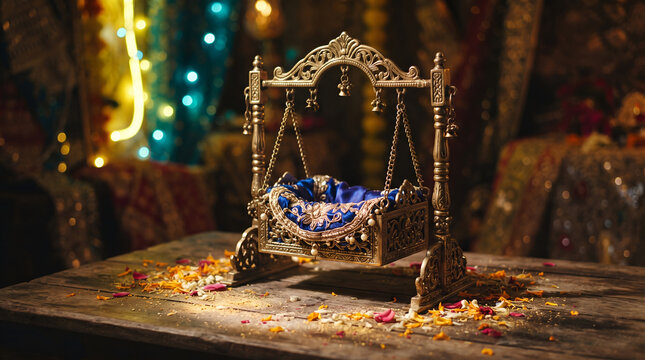 Decorated Brass Cradle Jhula with Rose Petals for Janmashtami Festival