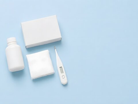 Minimal summer first aid kit on a pale blue background