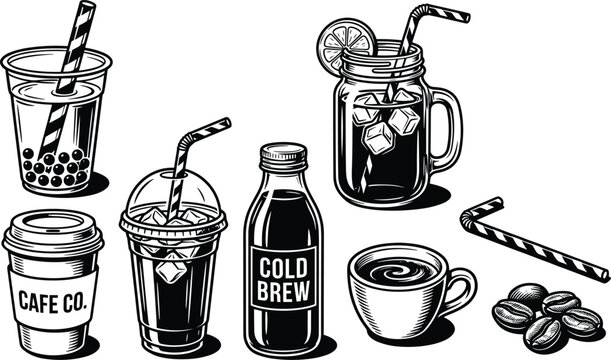 Hand Drawn Cold Brew Coffee and Cafe Drinks Vector Element Set with Bubble Tea, Iced Coffee, Glass Bottle, Mug, and Espresso Beans