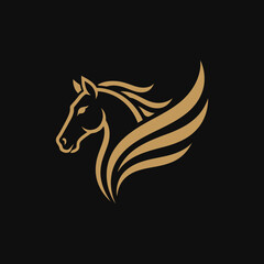 Fototapeta premium Golden winged horse head profile logo on black background