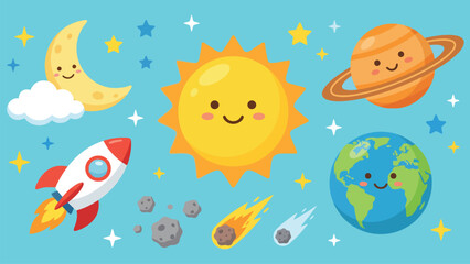 Obraz premium Cute Cartoon Space Set Featuring Smiling Sun Moon Planet Rocket Ship Earth And Shooting Stars Elements