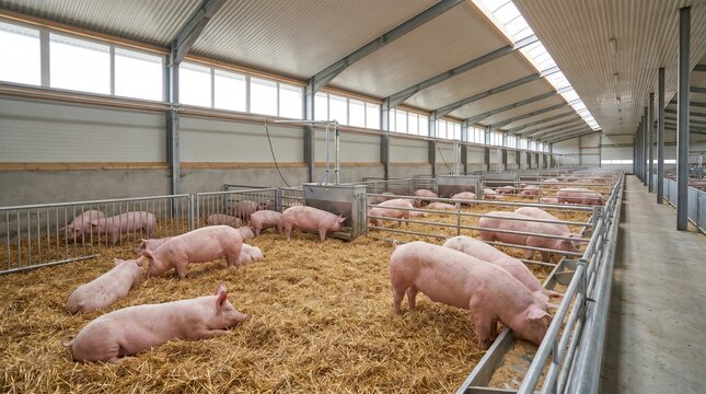 Piglets Feeding and Resting in Modern Farm Barn