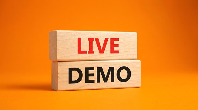Live Demo text on wooden blocks over orange background for business presentation software marketing and product launch