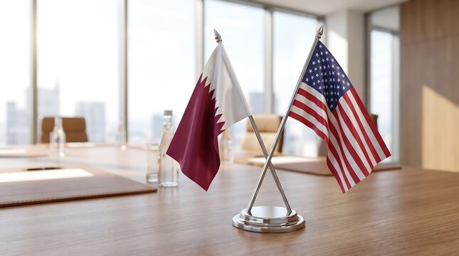Qatar and United States table flags on wooden desk in professional office for international business and diplomacy.