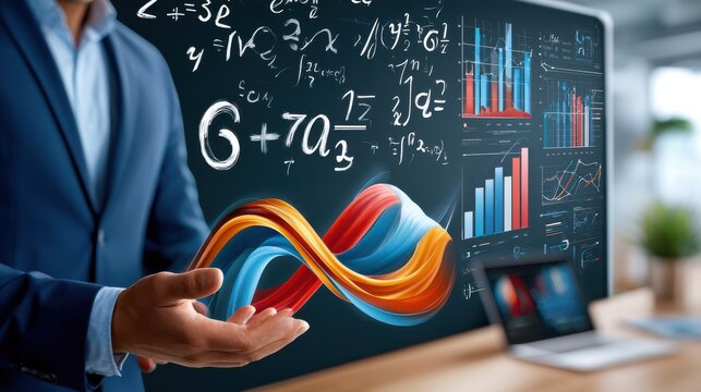 Business analytics and mathematical modelling with data visualization, charts and innovative 3D wave concept