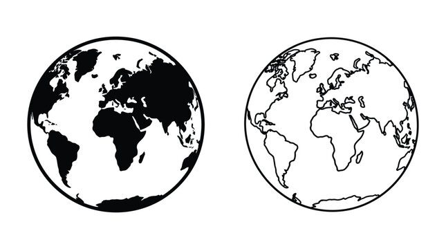 Earth globe illustration black and white line drawing on white background