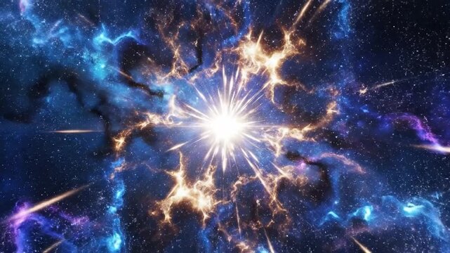 Brilliant supernova explosion radiating light and energy across a deep blue cosmic nebula