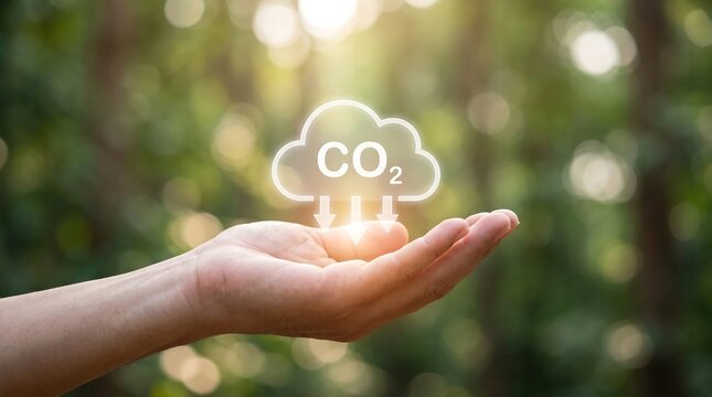 Carbon reduction CO2 icon in human hand with green forest background for sustainability and climate change concept.