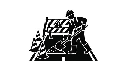 construction worker digging with shovel silhouette safety helmet vest cones barrier roadwork © Ataullah