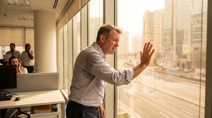 Fototapeta premium Stressed businessman with sweat stains looking out window in hot office during urban heatwave.