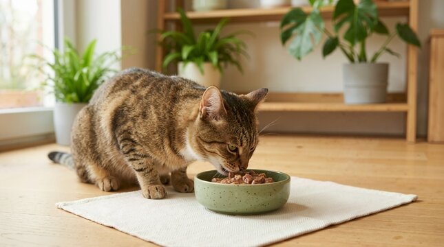 Brown tabby cat eating wet food from a green ceramic bowl. Domestic pet feeding on wooden floor in a bright room with plants