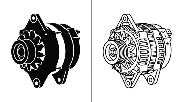 alternator silhouette and detailed line drawing engine part mechanical component automotive vehicle