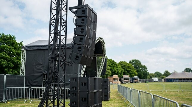 Professional line array speaker system hanging from a truss at an outdoor concert venue. Live music festival sound equipment setup on a grassy field