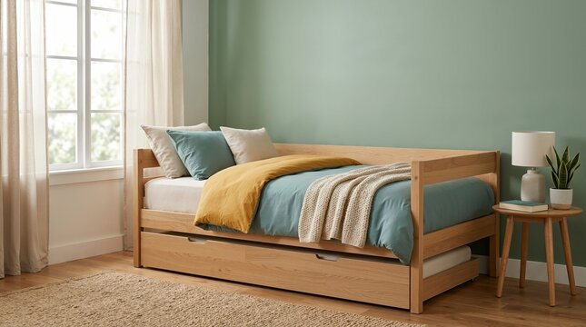 Modern wooden daybed with a trundle drawer in a cozy guest room. Interior design featuring teal and yellow bedding against a green wall