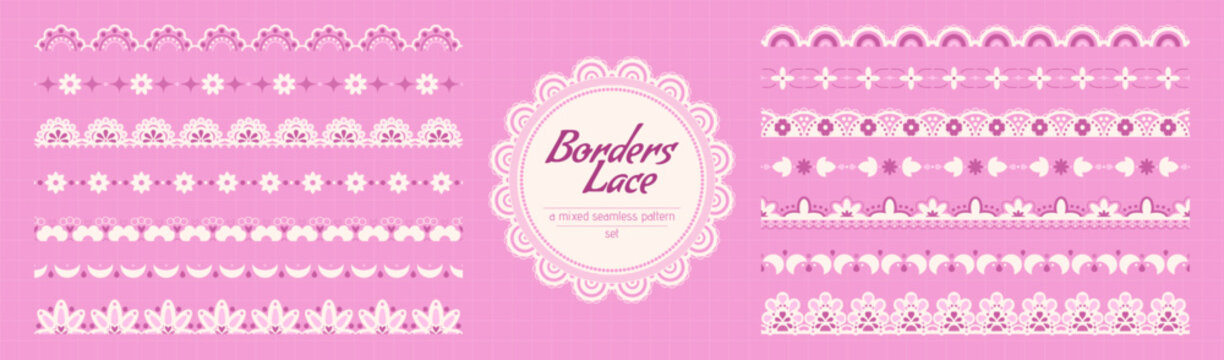 Collection of scallop lace white and pink borders. Seamless fourteen embroidery lines.